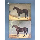 A pair of oils on artist board of named race horses, unframed size 33 x 25cm.