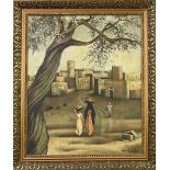 An interesting framed textured oil on canvas mounted on board of an Arabic scene with indistinct