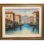 A gilt framed oil on canvas behind glass of a Venice canal scene with indistinct signature, 89 x