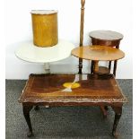A painted circular tea table with an Edwardian pedestal table, inlaid plant stand, standard lamp and