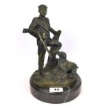 A patinated bronze figure of a huntsman and his dog on a black marble base after Moreau, H. 27cm.