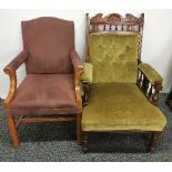 An Edwardian gentleman's chair and a useful suede upholstered armchair.