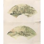 A pair of unframed Chinese watercolour fan paintings mounted on silk, size 65 x 38cm.
