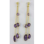 A pair of 925 silver gilt drop earrings set with faceted cut amethyst, L. 7.5cm.