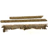 Architectural salvage interest, an early carved wooden painted and gilt pelmet or canopy, W.