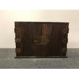 A copper mounted mahogany three drawer cutlery cabinet, 65 x 37 x 45cm.