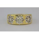 A heavy gents 18ct yellow gold ring set with three brilliant cut diamond, approx 1.72ct (V)