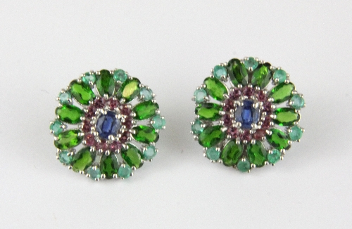 A pair of 925 silver cluster earrings with chrome diopside, emeralds and other semi-precious stones,