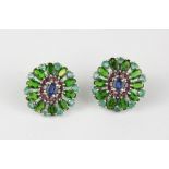 A pair of 925 silver cluster earrings with chrome diopside, emeralds and other semi-precious stones,