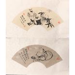 A pair of unframed Chinese watercolour fan paintings mounted on silk, size 65 x 38cm.