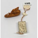 A carved fruitwood figure/netsuke of two mice on an ear of corn, L.7cm, with a carved bone inro,