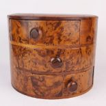 An attractive circular burr wood three drawer box, Dia. 26cm, H. 20cm.