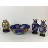 A Chinese cloisonne bowl, D. 26cm, together with a pair of cloisonne vases and a cloisonne jar and