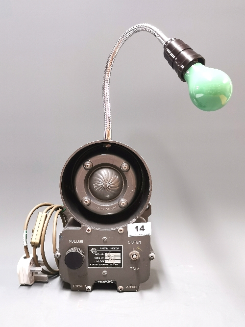 A 1970's gooseneck lamp made out of a 1970's US ships intercom. Condition: PAT tested. Lamp