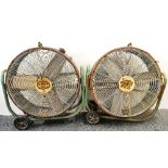 An interesting pair of large industrial Dry Super Tyres metal electric fans, W. 92cm, H. 97cm.