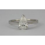 An 18ct white gold ring (stamped 750) set with a pear cut solitaire diamond approx 1ct, D colour