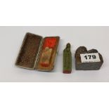 A cased mid 20th Century Chinese carved soapstone seal and two further soapstone seals, case L.