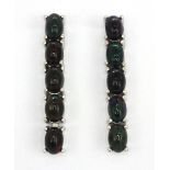 A pair of 925 silver drop earrings set with cabochon cut black opals, L. 3cm.