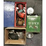 A quantity of classic car headlamps and other items, together with a vintage fuel can and other