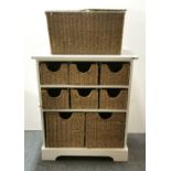 A contemporary cabinet of basket drawers, 64 x 77cm, and a further basket.