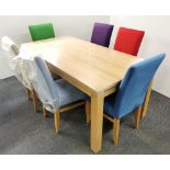 A contemporary high quality Berry Design elm wood table and six Harlequin colour suede leather