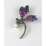 A 925 silver and marcasite enamelled dragonfly brooch / pendant, set with pearl and ruby set eyes,