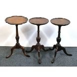 Three early 20th Century mahogany wine tables, Dia. 25cm, (one A/F to foot).