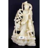 A lovely 19th Century Chinese carved soapstone figure of a female deity with a deer and a crane,