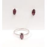 A marching pair of 925 silver stud earrings and ring set with marquise cut pink tourmaline, (O).