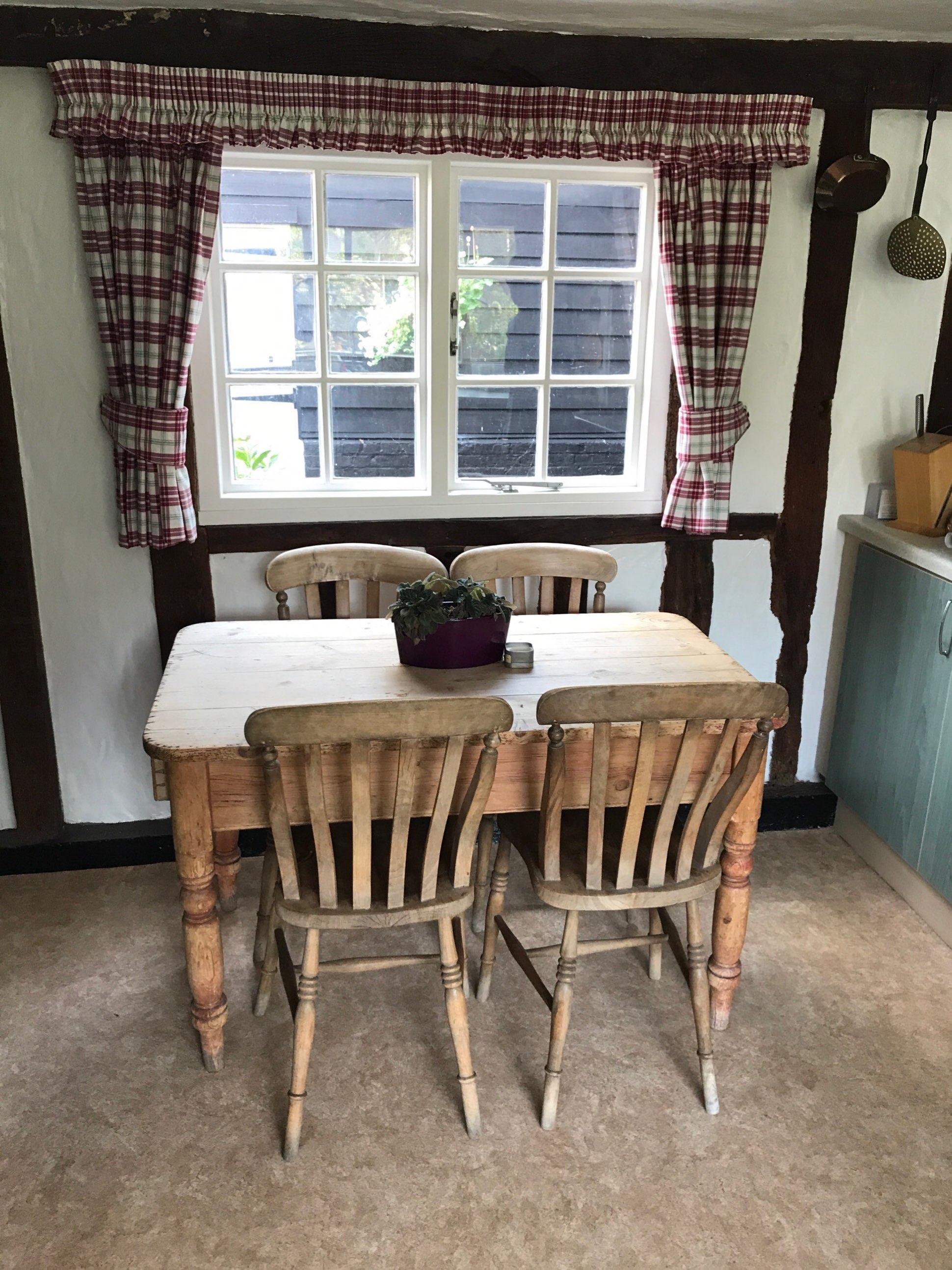 A 19th Century pine kitchen table, 70 x 122cm, together with four 19th Century kitchen chairs. - Image 2 of 2