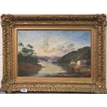 An early 19th century gilt framed oil on board river scene, 70 x 52cm.