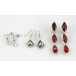 Three pairs of 925 silver stone set drop earrings.