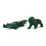 Two carved malachite figures of a crocodile and a lion, longest 10.5cm.