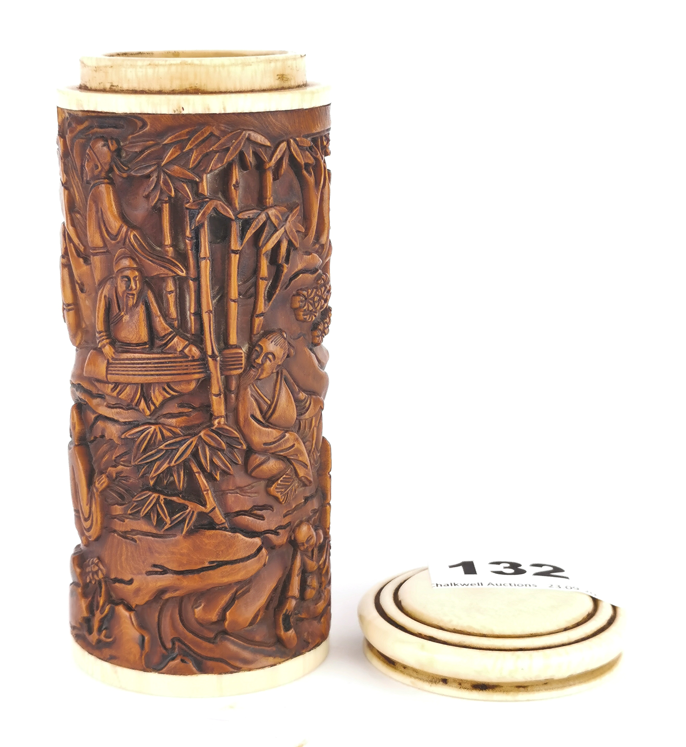 An early 20th century Chinese carved walnut wood box with ivory lid and base, H. 12cm. - Image 2 of 2