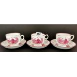 Three rare English lustreware tea cups and saucers, commemorating the marriage of Queen Victoria