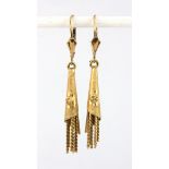 A pair of 9ct yellow gold drop earrings, L. 4.5cm.