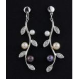 A pair of 9ct white gold diamond and pearl set drop earrings, L. 3.5cm.