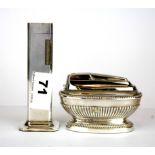 A Dunhill silver plated table lighter, H. 11cm, together with a Ronson silver plated table lighter.