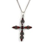 A 925 silver and marcasite garnet set cross pendant and chain, L. 5.5cm.