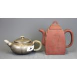 A Chinese pewter covered terracotta teapot with jade spout and handle together with an Yixing