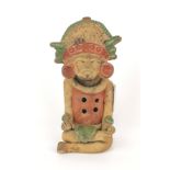 A South American hand painted pottery figural musical instrument, H. 16cm.