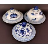 Three useful Chinese hand painted porcelain lids for storage jars, Dia. 19, 18 and 17cm.