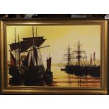A gilt framed oil on canvas of sailing boats signed Huband, 86 x 61cm.