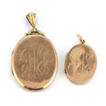 Two 9ct yellow gold locket pendants, L. 3 & 4.5cm.