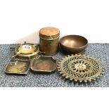 Three interesting bronze and brass ash trays and three further items, ships wheel Dia. 18cm.