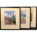 Three framed poster prints of Brighton, Lewes and Chichester by Kelly Hall, 51 x 64cm.