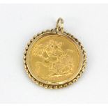 A 1968 Elisabeth II full sovereign mounted as a pendant on 9ct yellow gold.