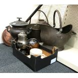 A large brass jam pan, Victorian copper samovar and other items.