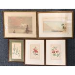 Two framed watercolours and three framed early prints of flora, largest 33 x 43cm.
