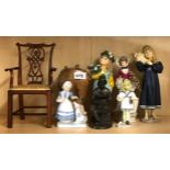 A group of mixed porcelain and other figurines, together with a dolls chair.